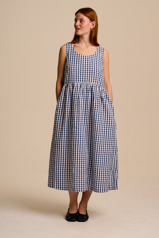 Aimee - Cotton Midi Dress in Blue Gingham