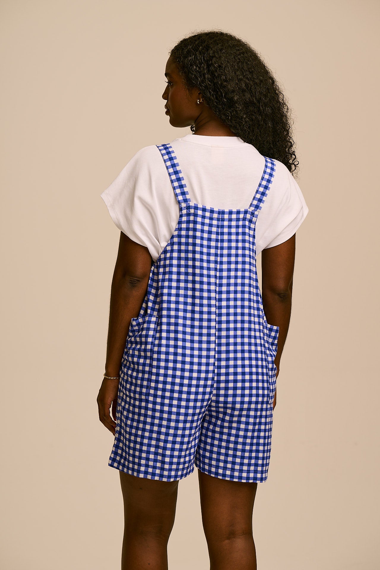 Alya - Viscose Dungaree Shorts in Blue Check