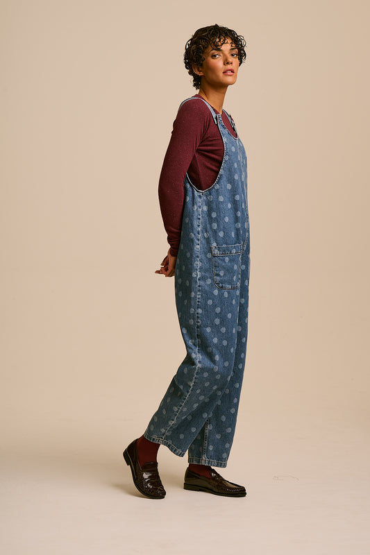 IMPERFECT - Ara - Denim Dungaree in Midwash Polka Dot