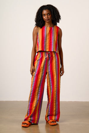 Norris - Wide Leg Cotton Trousers in Wide Rainbow Stripe