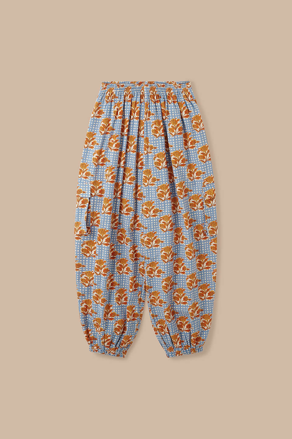 Rumi - Wide Leg Cotton & Linen Trouser in Checkered Floral Blooms