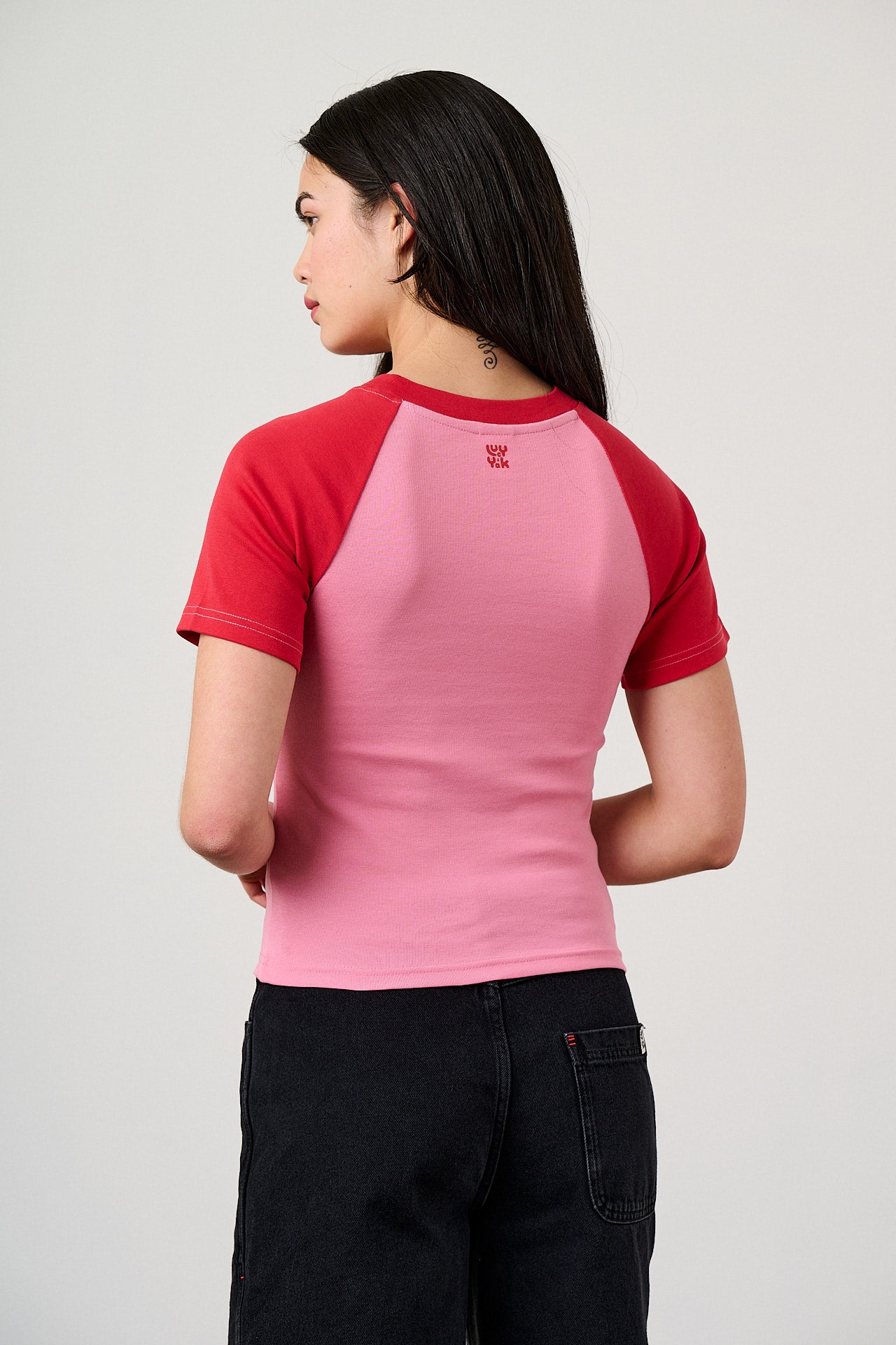 Azra - Cotton Short Sleeve Raglan Top in Red & Pink