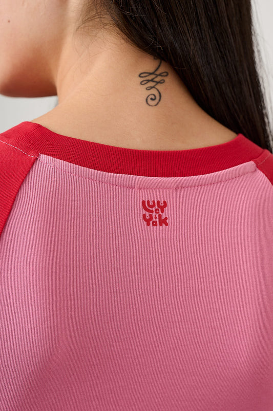 Azra - Cotton Short Sleeve Raglan Top in Red & Pink