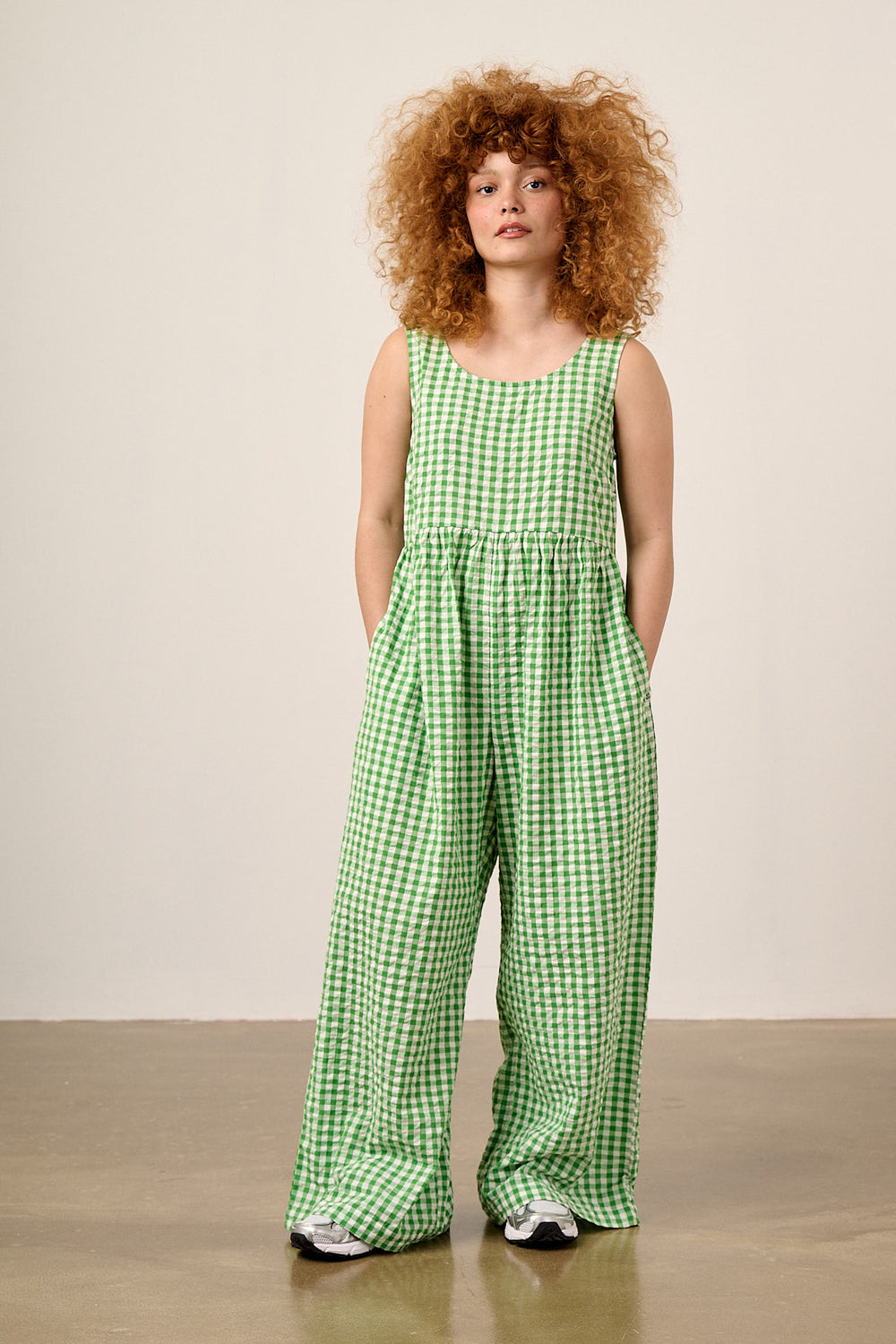 Bellamy - Wide Leg Cotton Jumpsuit in Green Gingham