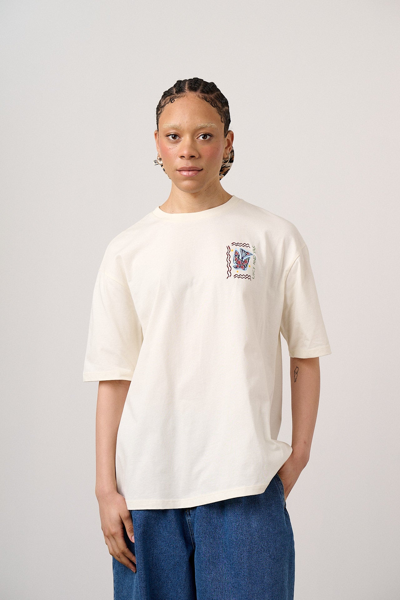 Benny - Oversized Cotton T-Shirt in Ecru Cosmic Folk Tile Print