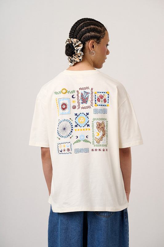 Benny - Oversized Cotton T-Shirt in Ecru Cosmic Folk Tile Print