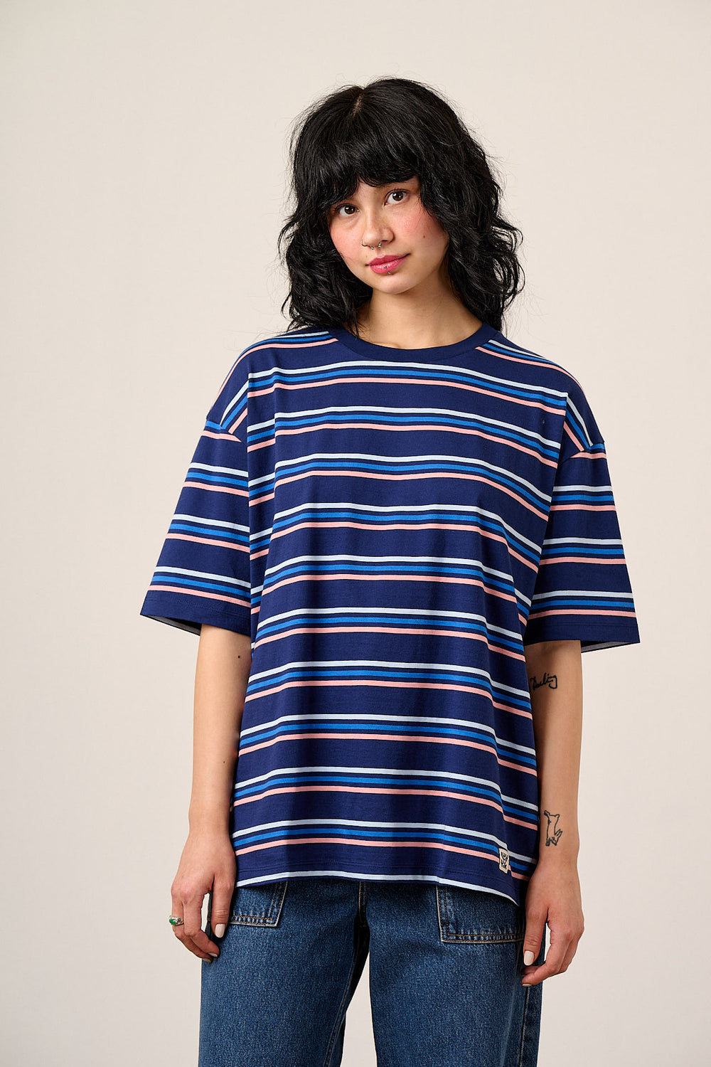 Benny - Oversized Cotton T-Shirt in Blue Cosmic Folk Stripe
