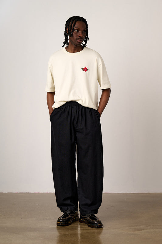 Freddie - Barrel Leg Cotton & Linen Trousers in Black