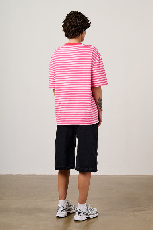 Benny - Oversized Cotton T-Shirt in Pink & Red Stripe