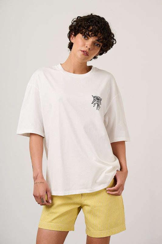 Benny - Oversized Cotton T-Shirt in White Sunflower Print