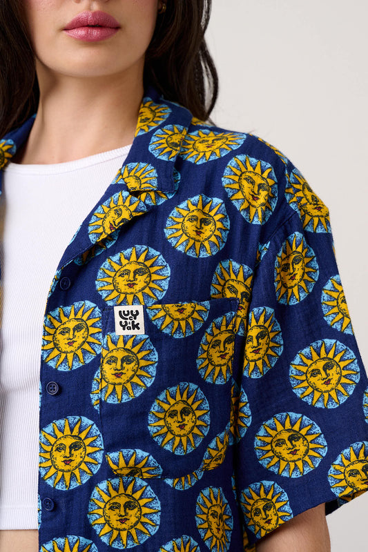 Cam - Cotton Shirt in Navy Cosmic Suns Print