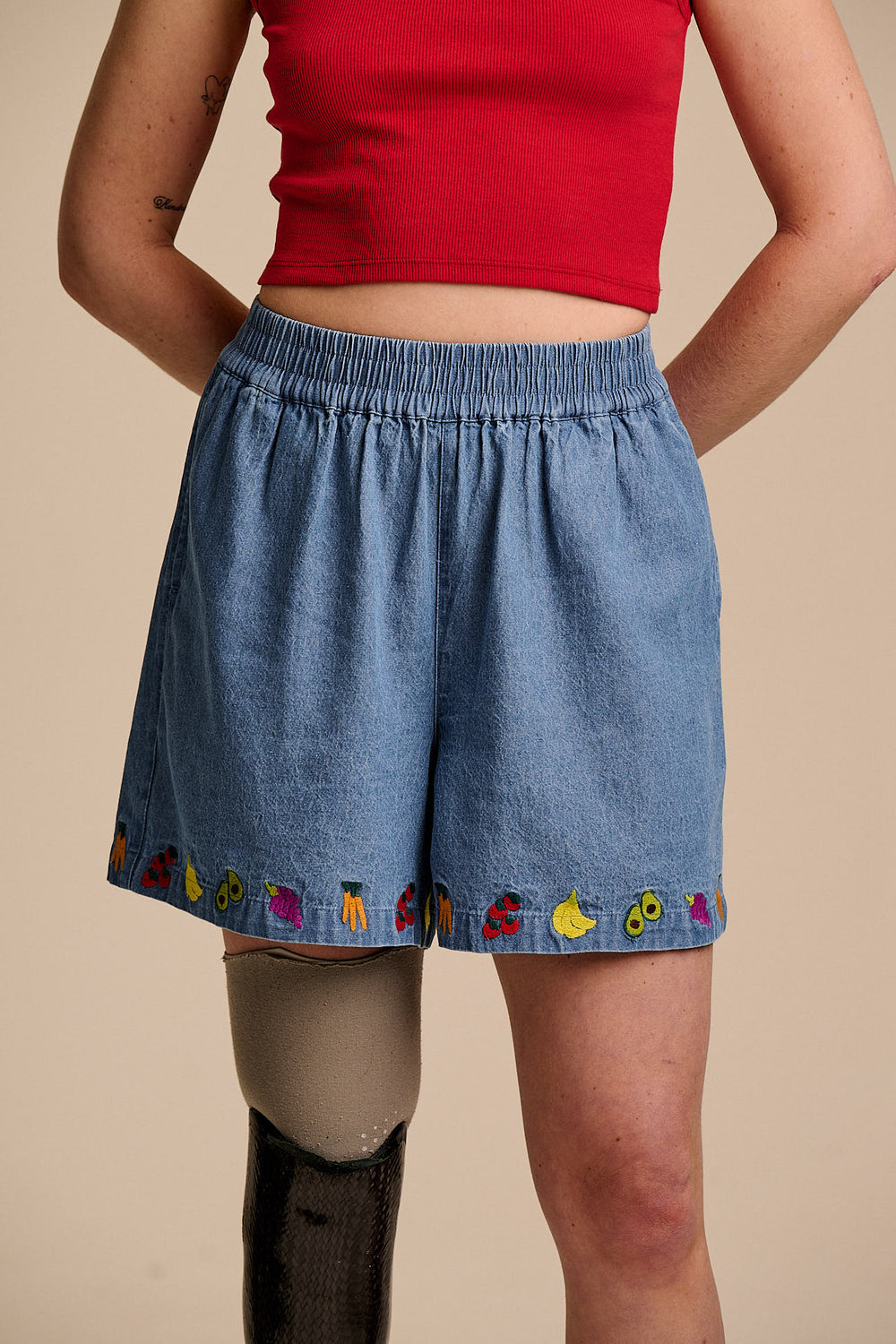 Charlie - Cotton Shorts in Light Blue with Veg Embroidery