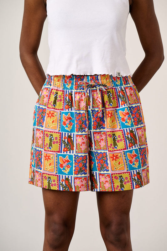 Charlie - Cotton Shorts in Birds & Flowers Square Tile