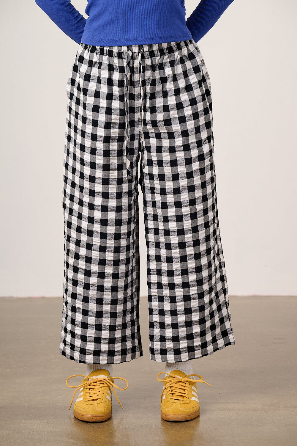 Chuck - Wide Leg Cotton Trousers in Black & White Gingham