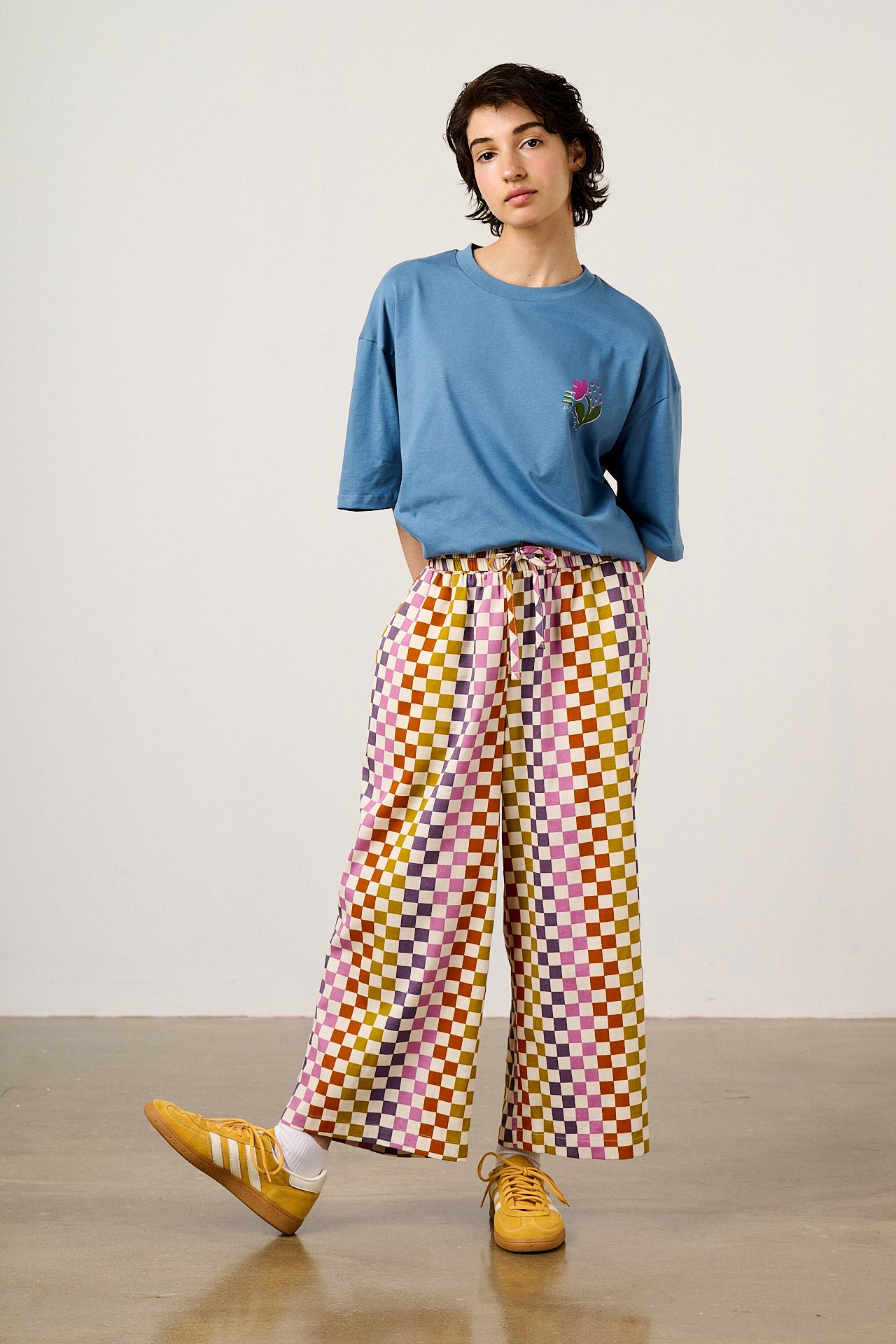 Chuck - Wide Leg Cotton Trousers in Retro Picnic Checkerboard