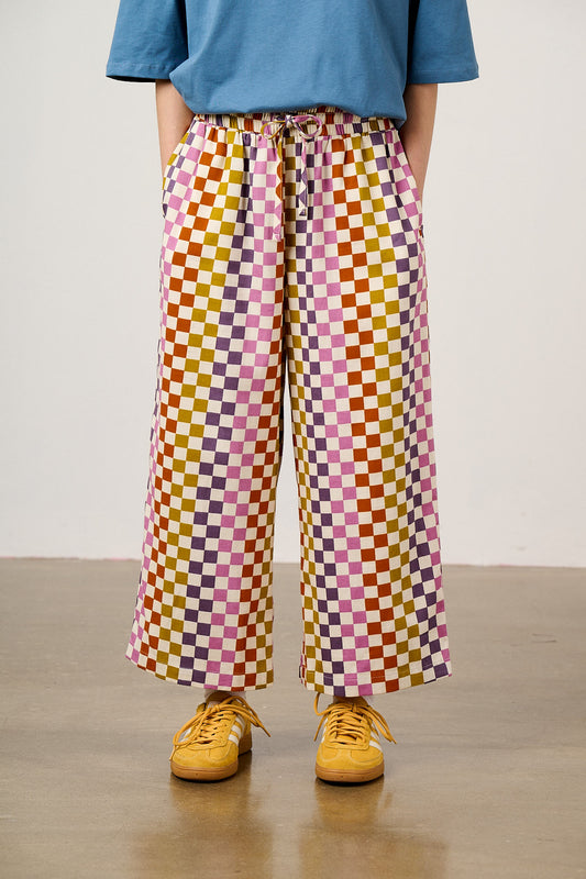 Chuck - Wide Leg Cotton Trousers in Retro Picnic Checkerboard