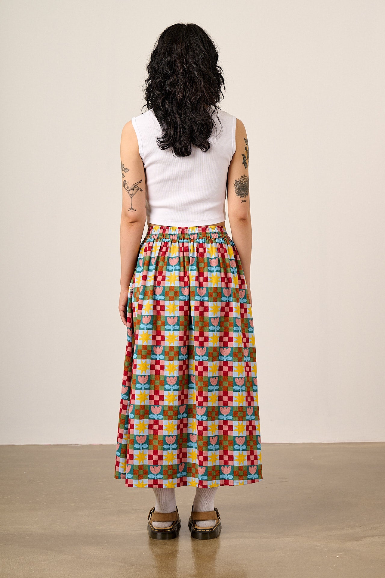 Clara - Cotton & Linen Midi Skirt in Cosmic Folk Tulip Print