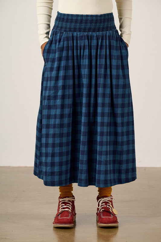 Sofiya - Brushed Cotton Midi Skirt in Navy Sea Spray Check