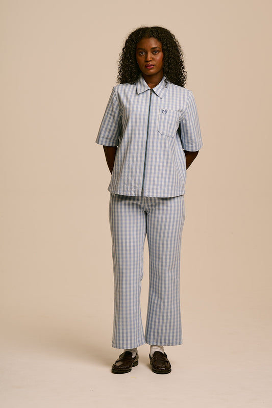 Elio - Cotton Zip Through Shirt in Blue Gingham