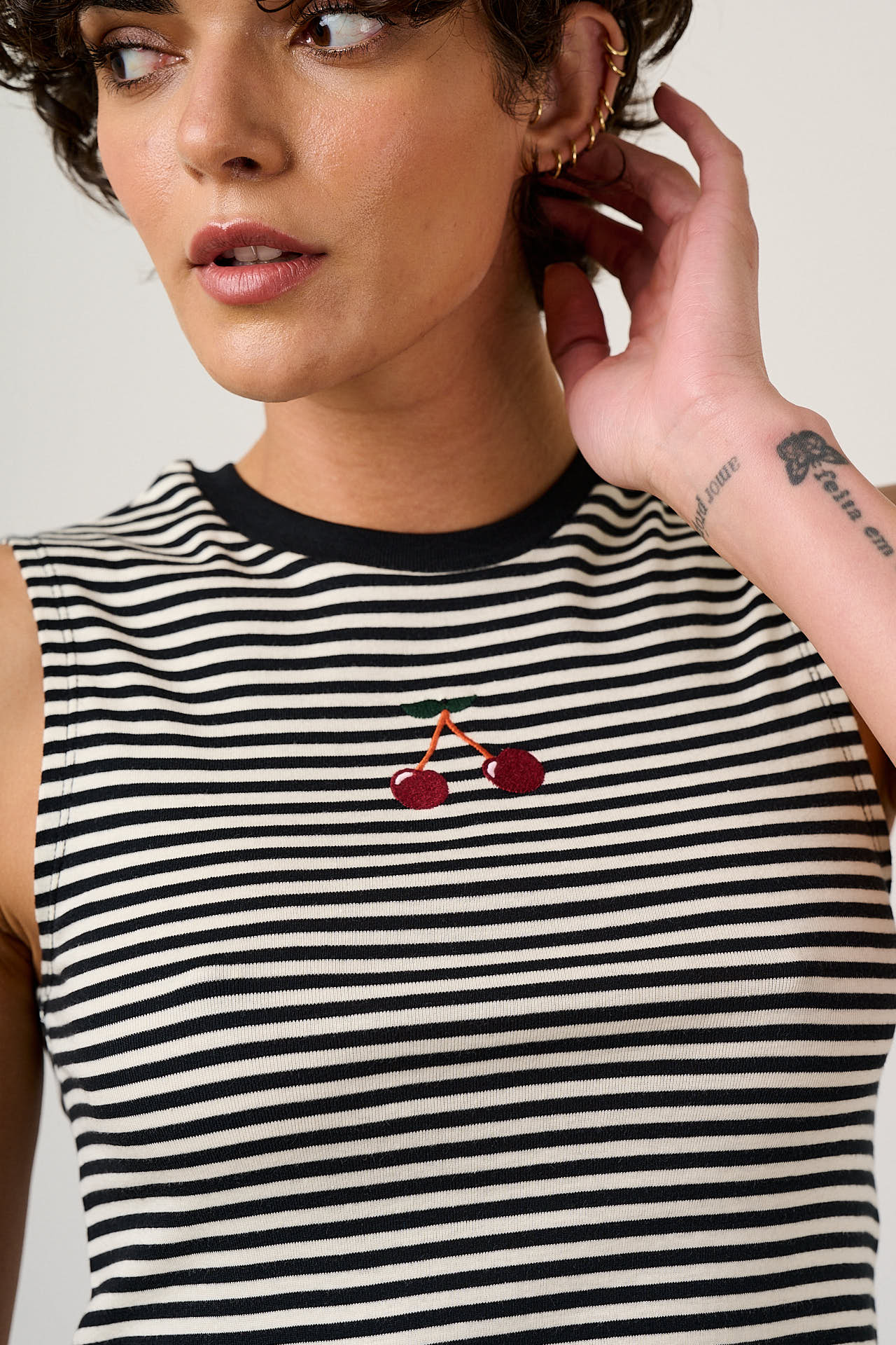 Etta - Cotton Jersey Sleeveless Tank Top in Cherry Stripe