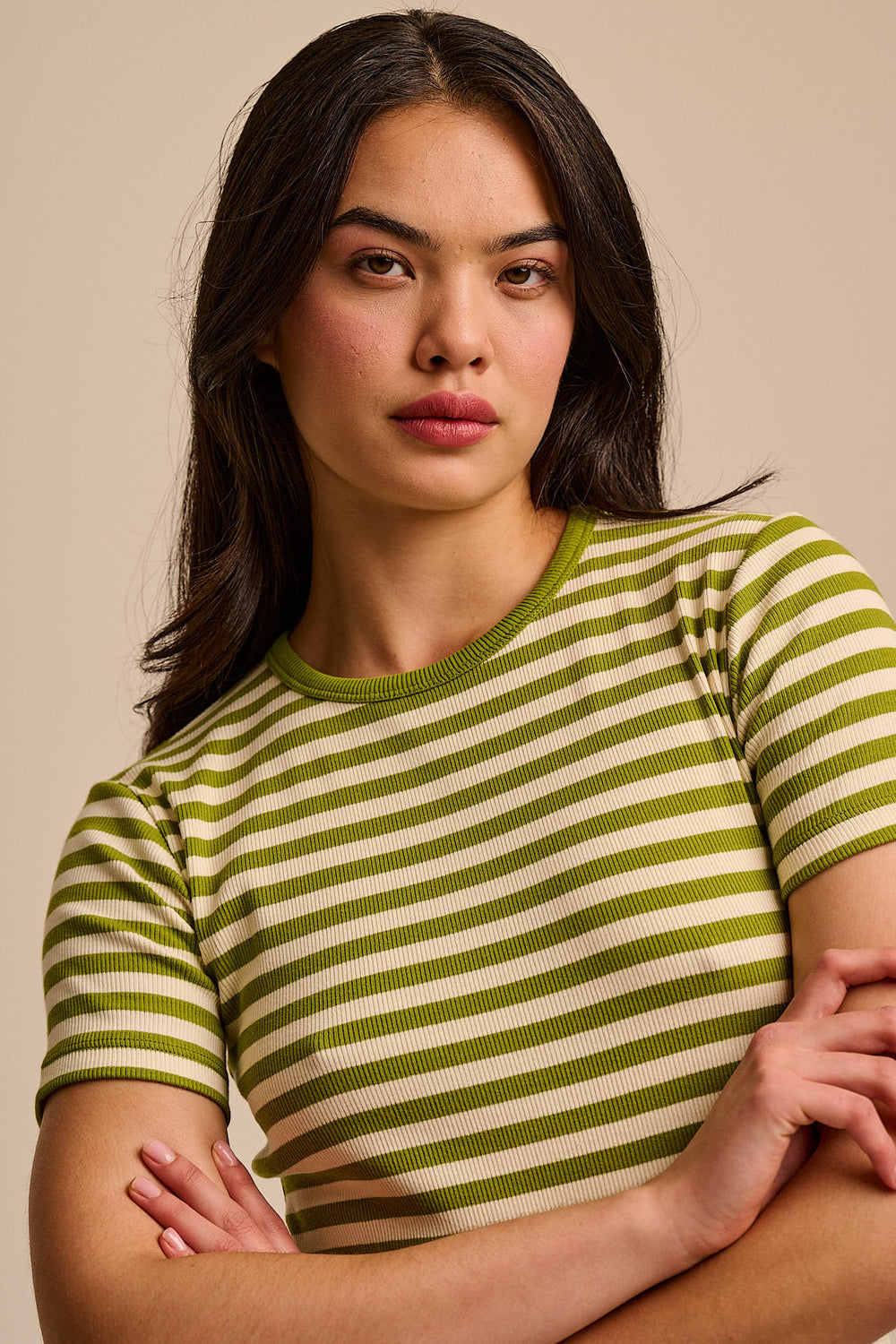 Gracie - Cotton T-Shirt in Green & Ecru Stripe