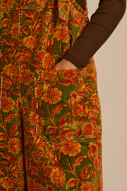 Jenny - Wide Leg Corduroy Dungaree in Green Palace Floral