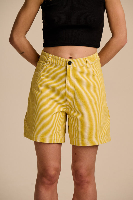 Lexi - High Waist Cotton Shorts in Lemon Hickory Stripe