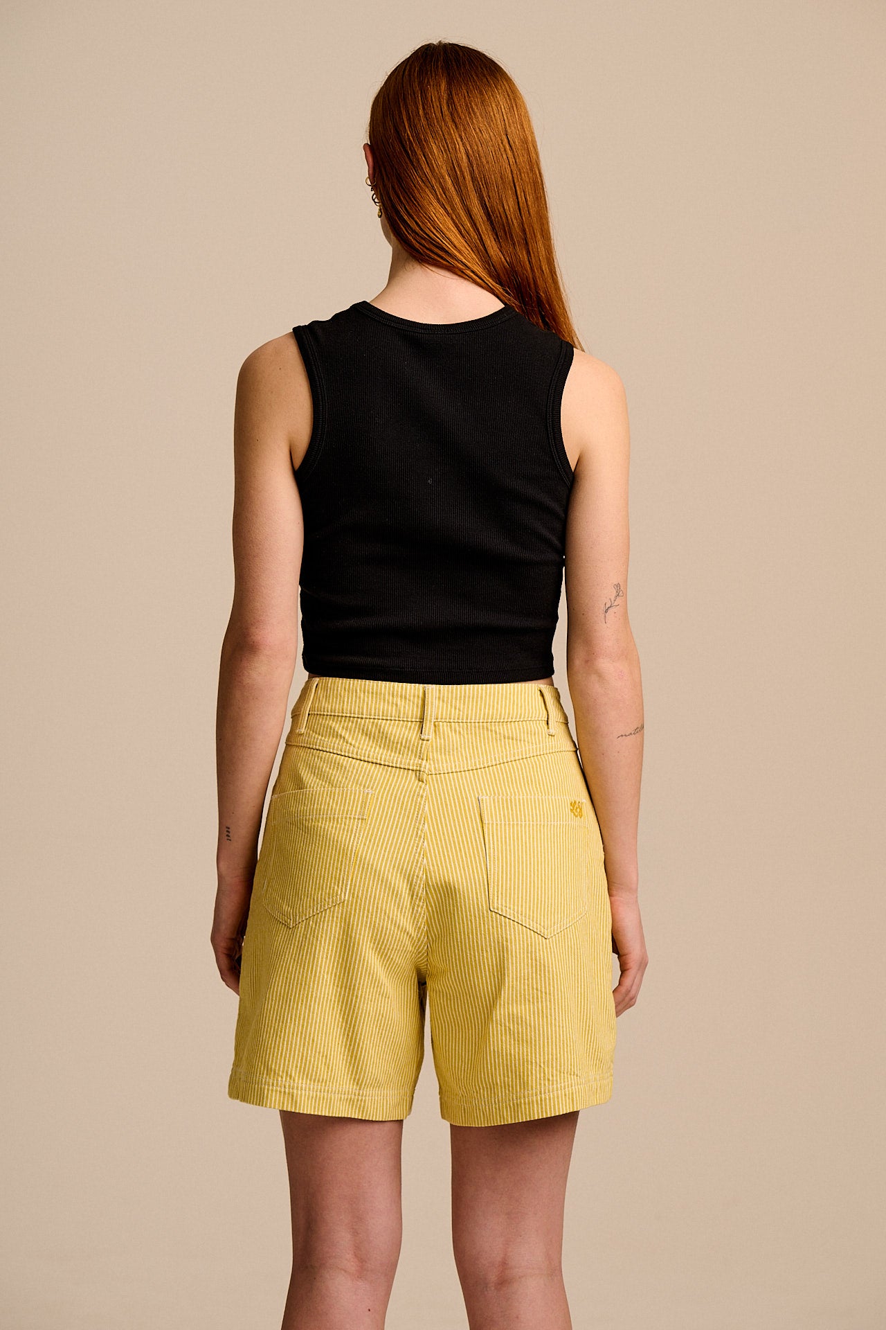 Lexi - High Waist Cotton Shorts in Lemon Hickory Stripe