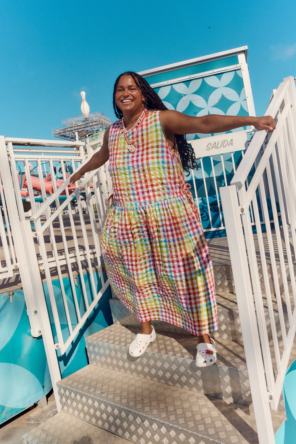 Sacha - Cotton Midi Dress in Rainbow Check