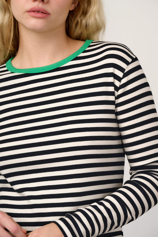 Grayson - Long Sleeve Cotton Jersey Top in Black & White Stripe