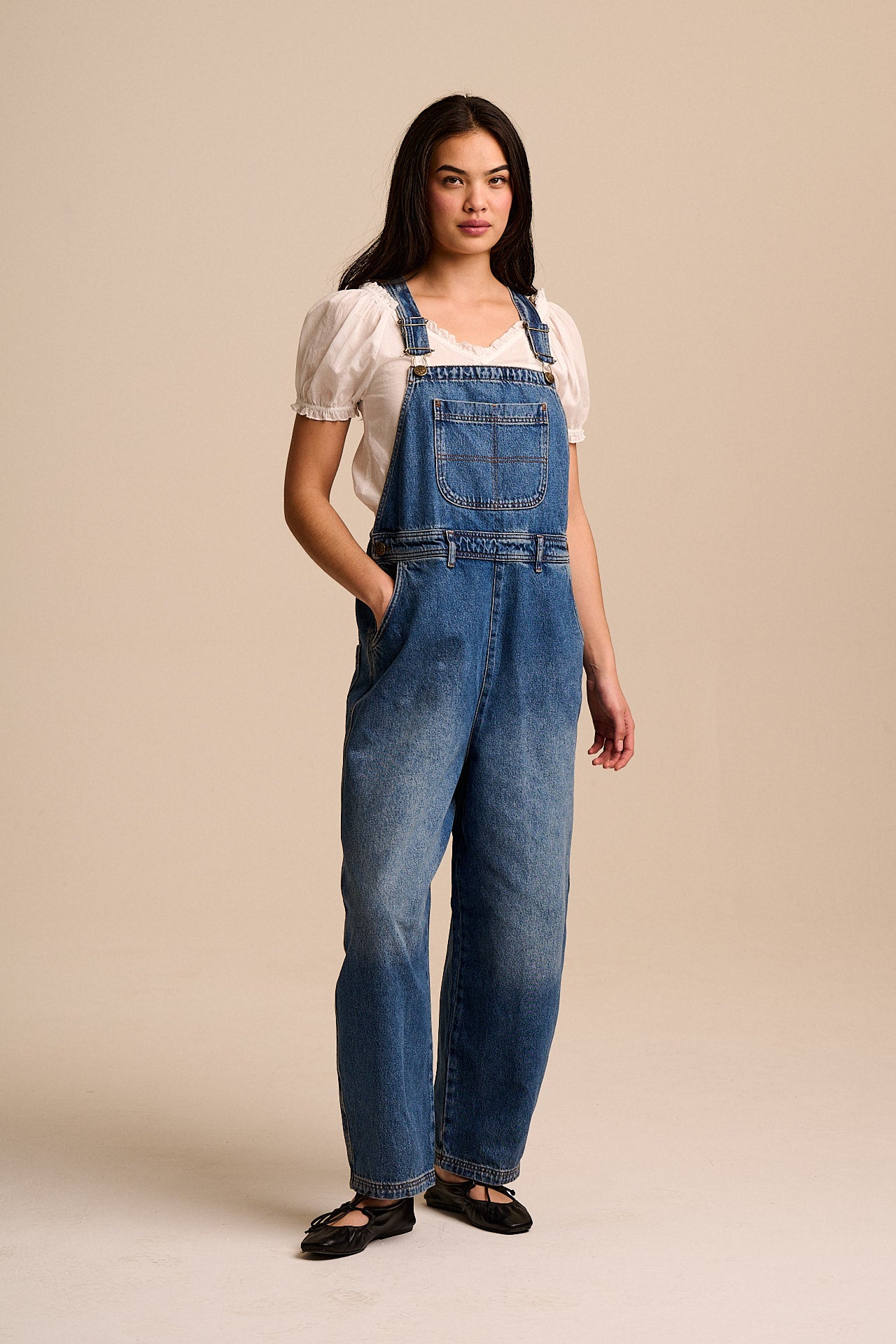 Toluca - Denim Barrel Leg Dungarees in Vintage Wash