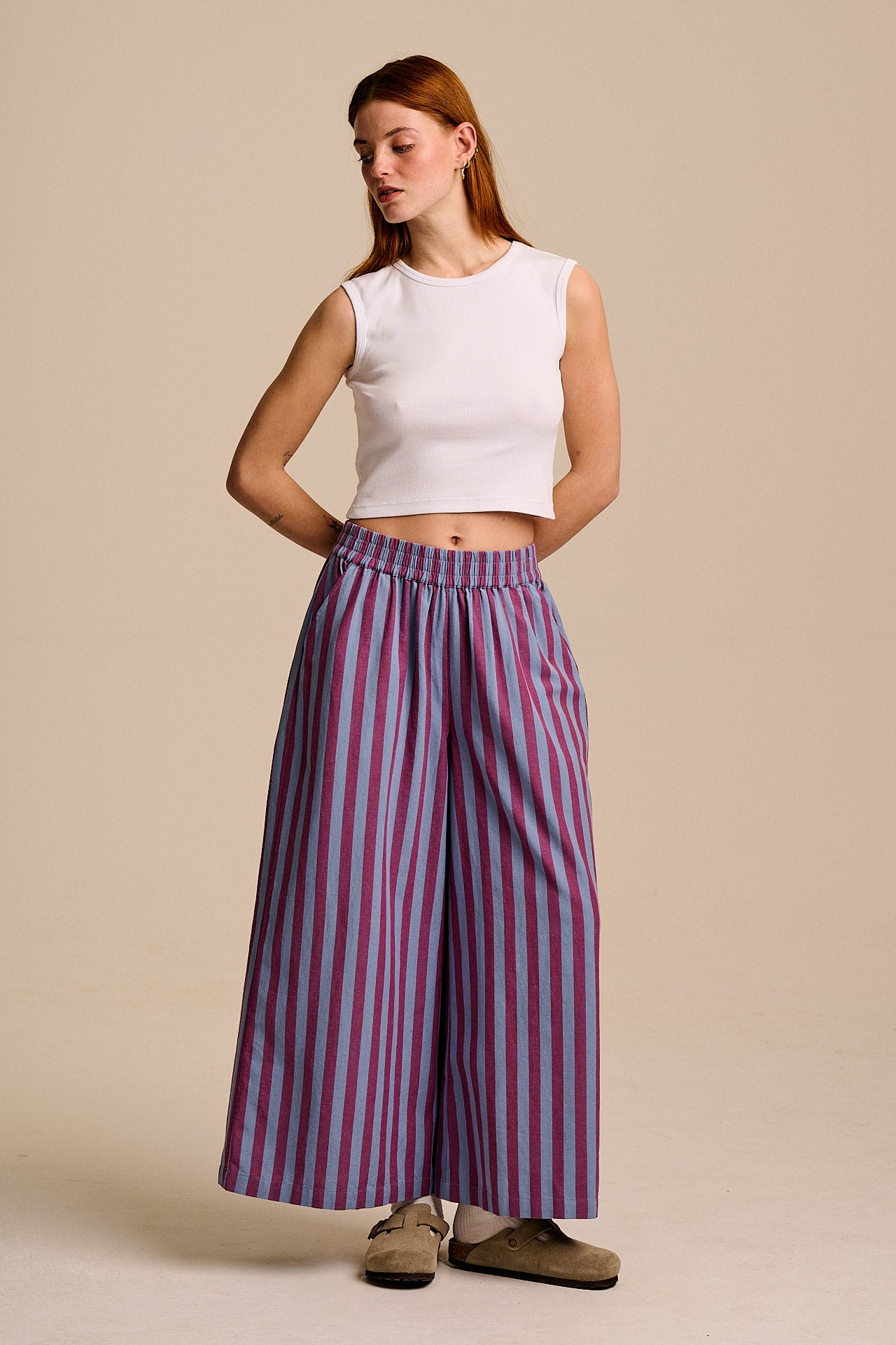 Maddie - Cotton & Linen Trousers in Burgundy & Blue Stripe