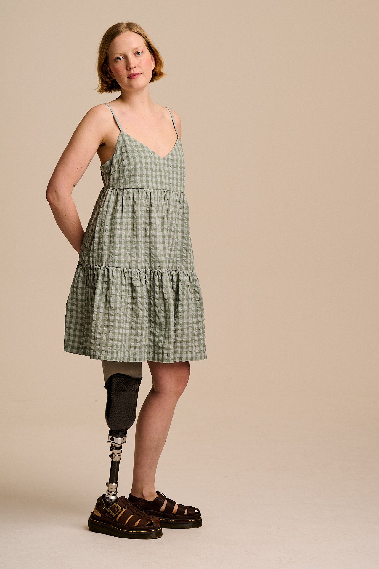 Mae - Cotton Mini Dress in Green Gingham