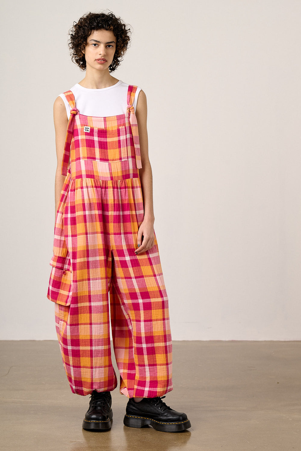 Miyada - Cotton Dungaree in Orange & Pink Check