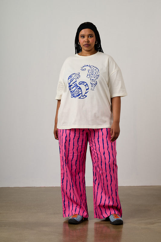 Norris - Wide Leg Cotton Trousers in Pink & Blue Wavy Stripe