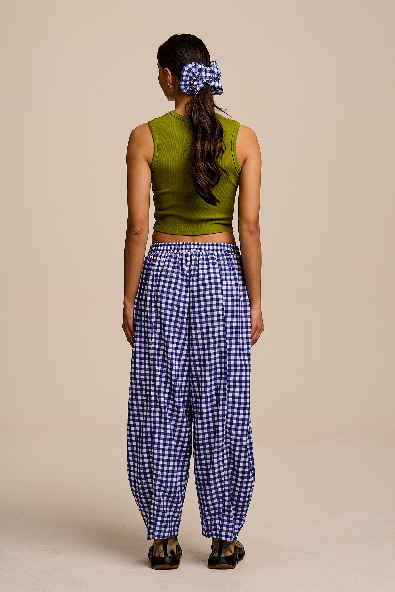 Obregon - Cotton & Viscose Barrel Leg Trousers in Blue Gingham Check