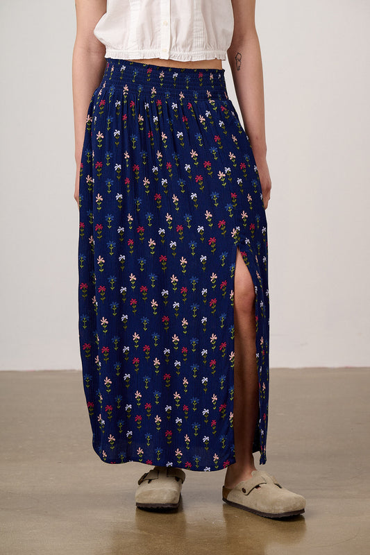 Poppy - Elasticated Waist Skirt in Navy Tulips Print