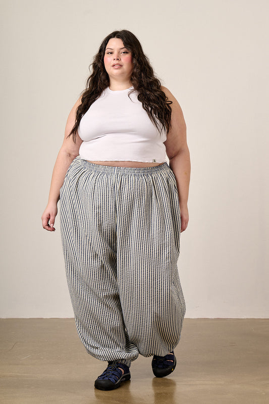Renata - Cuffed Cotton Balloon Leg Trousers in Blue & White Stripe