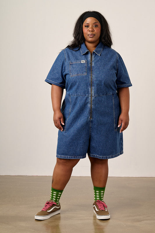 Riley - Denim Playsuit in Mid Wash Blue