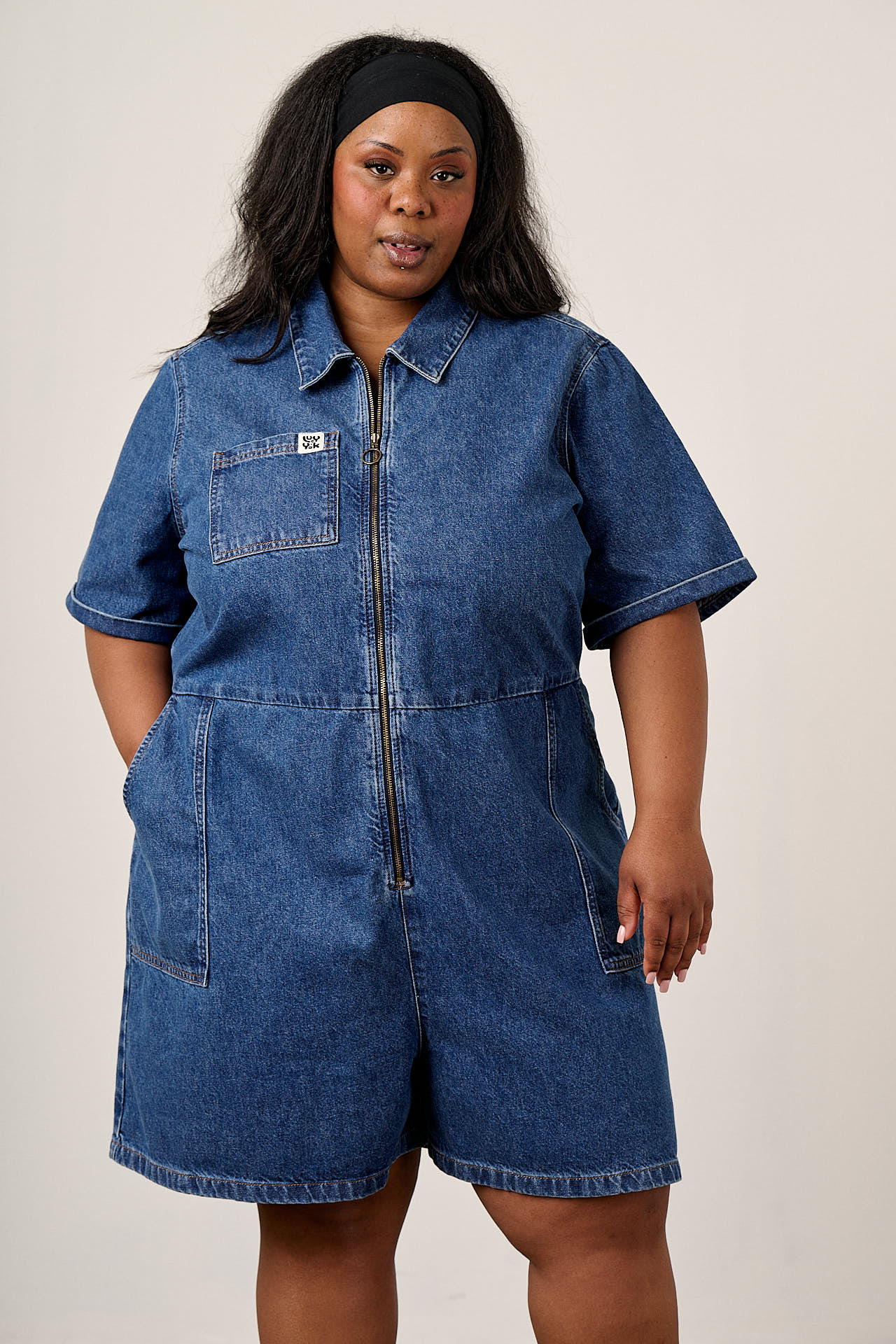Riley - Denim Playsuit in Mid Wash Blue
