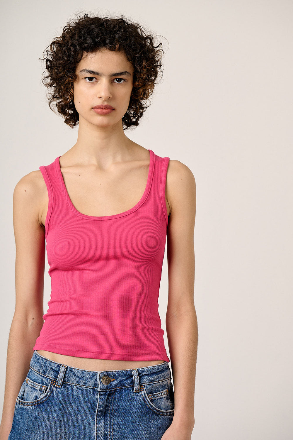 Romy - Cotton Scoop Vest in Fuchsia Pink
