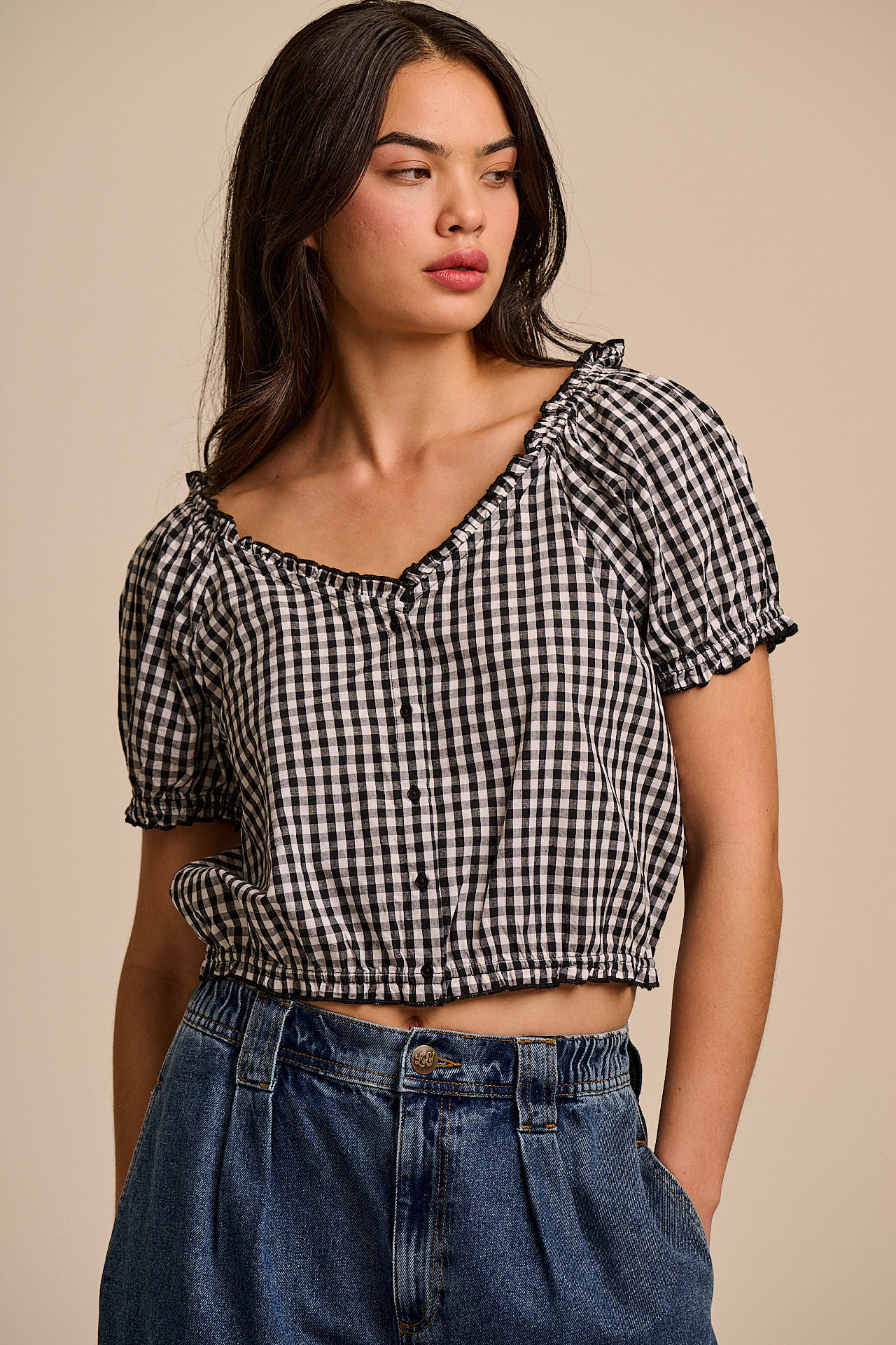 Sage - Cotton Puff Sleeve Blouse in Black & White Gingham