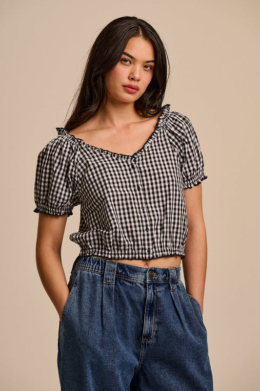 Sage - Cotton Puff Sleeve Blouse in Black & White Gingham