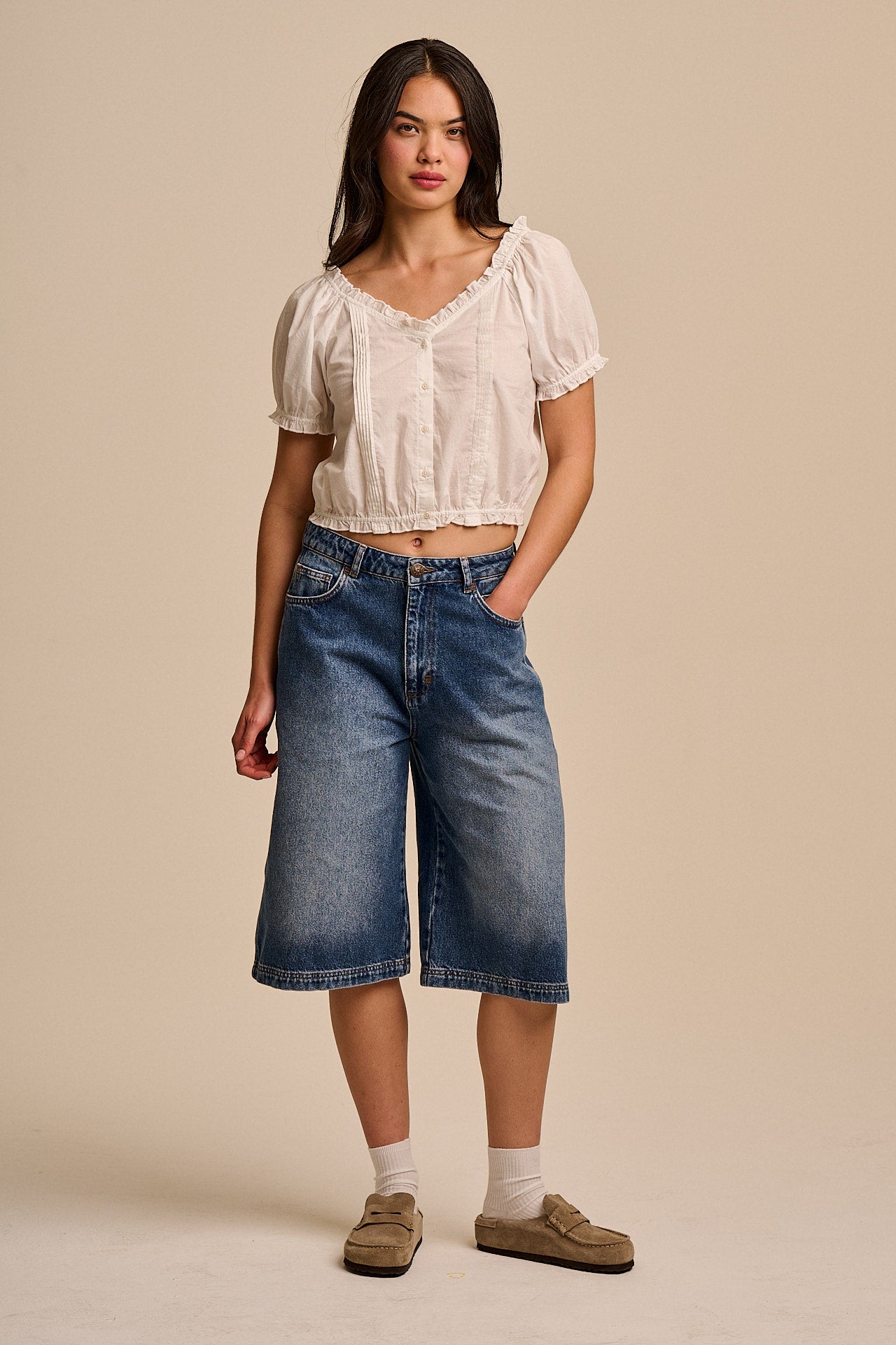 Sage - Cotton Puff Sleeve Blouse in White