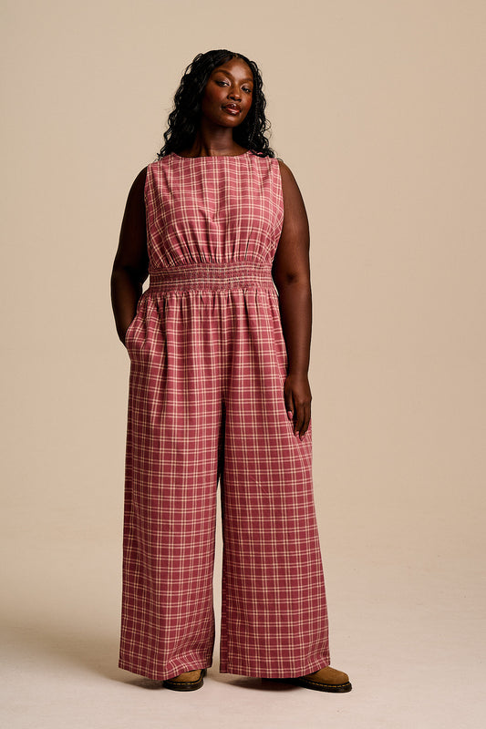 Simone - Cotton & Linen Jumpsuit in Maroon Deco Rose Check