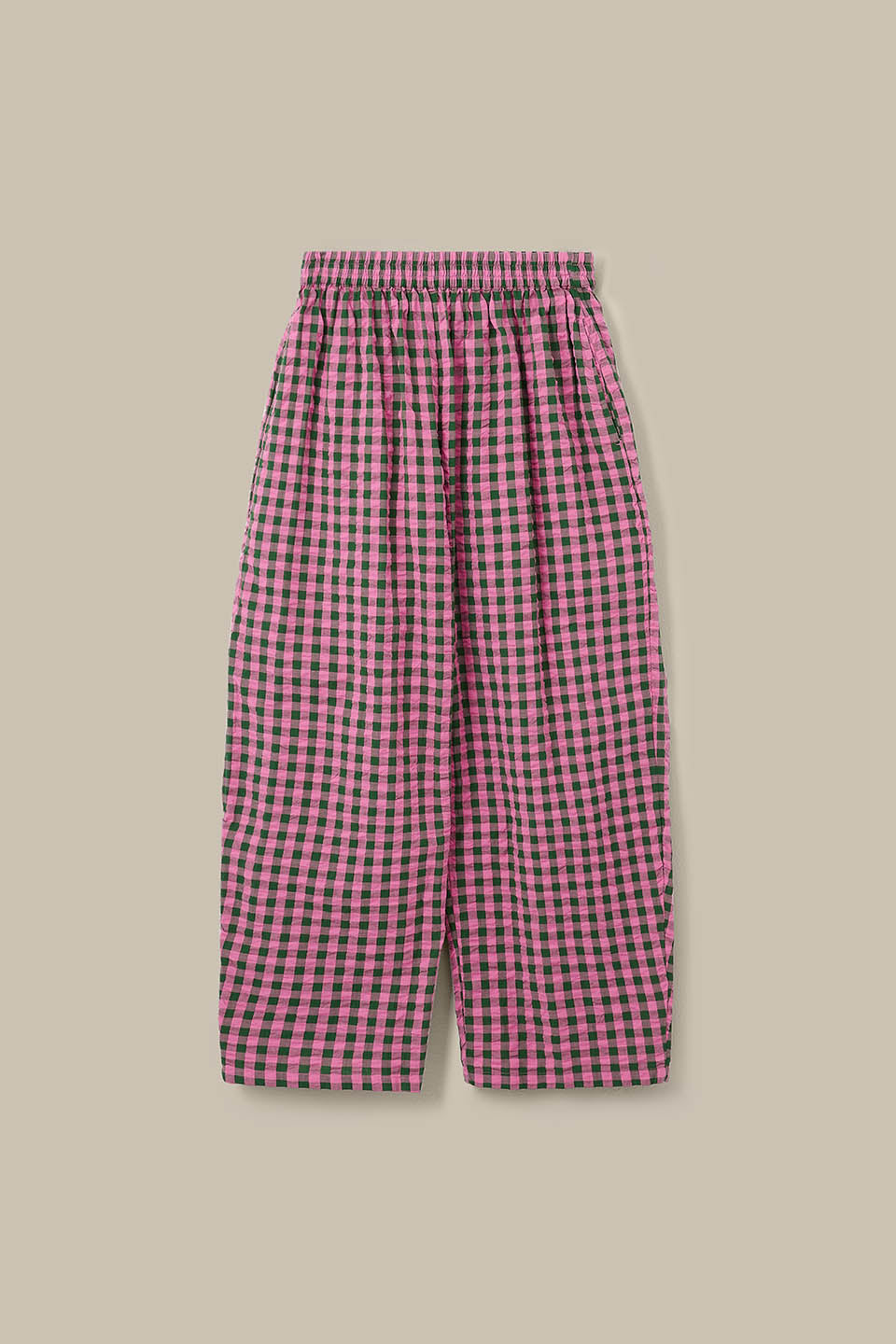 Freddie - Barrel Leg Cotton Trousers in Pink & Green Gingham
