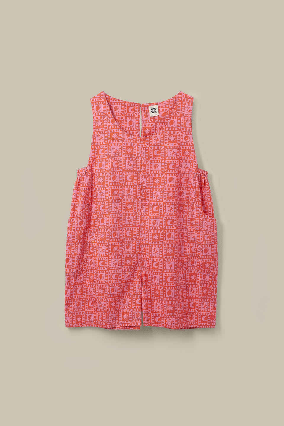 Zadie - Cotton Playsuit in Pink & Red Lunar Checkerboard