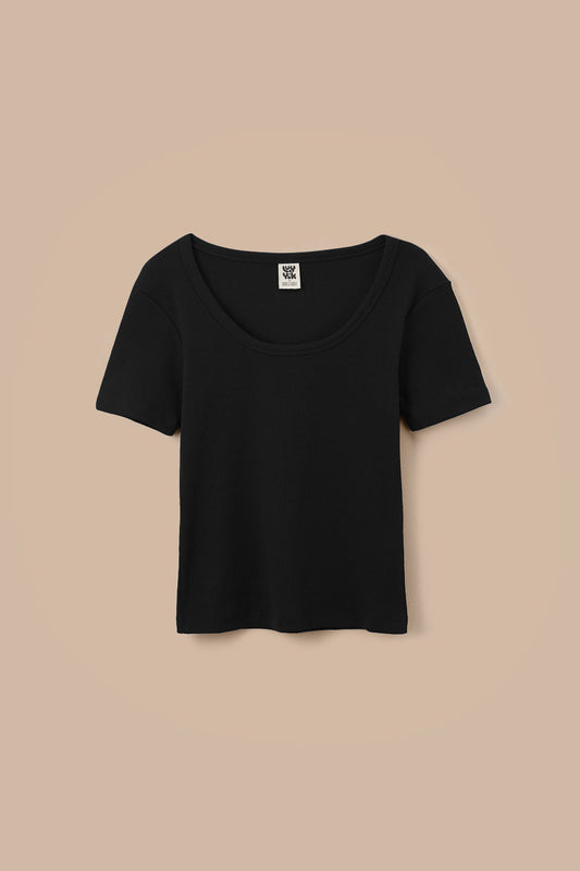 Vita - Ribbed Cotton Scoop Neck Short Sleeve T-Shirt in Black
