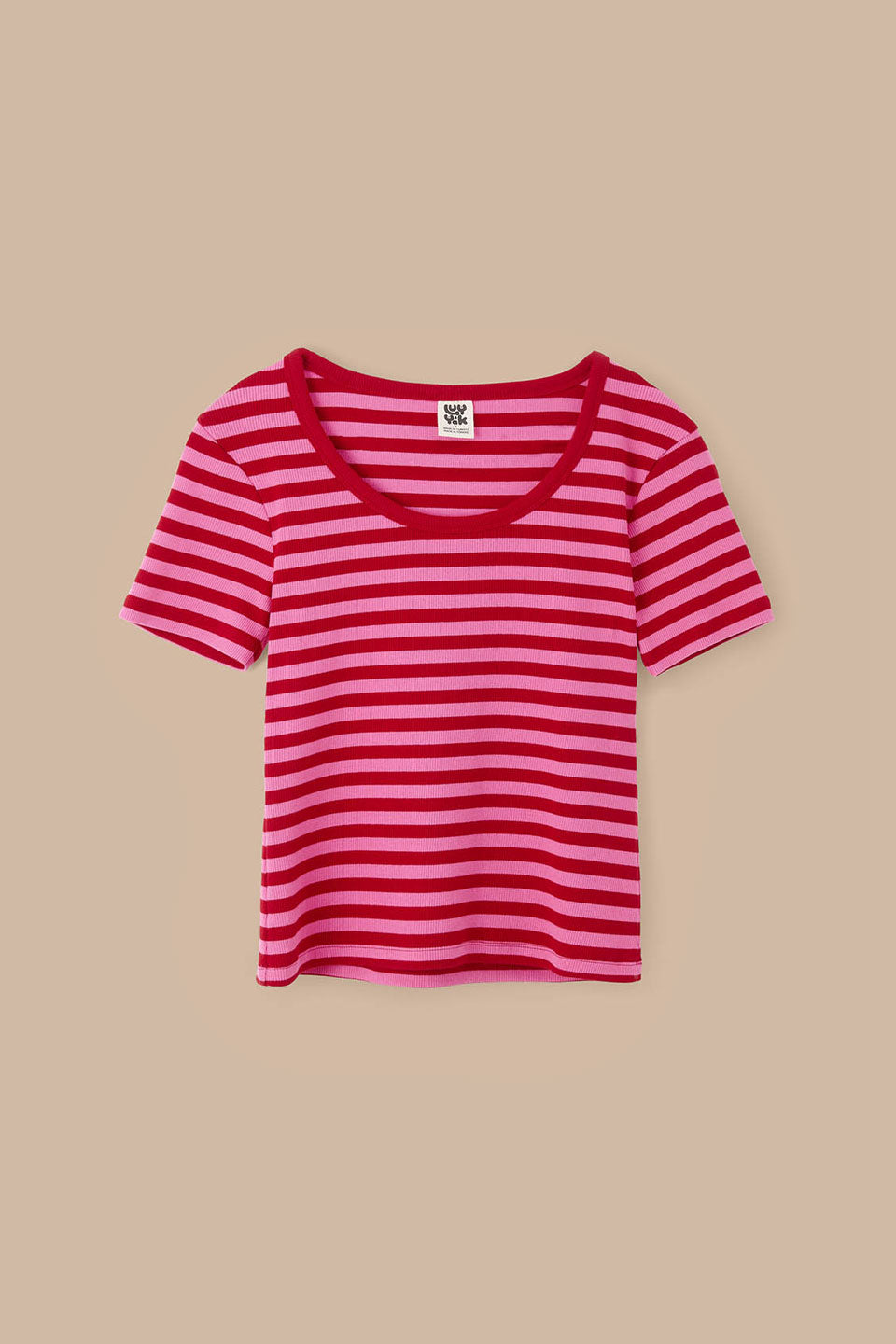 Vita - Ribbed Cotton Scoop Neck Short Sleeve T-Shirt in Red & Pink Stripe