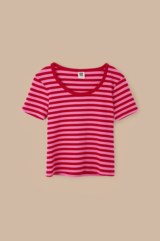 Vita - Ribbed Cotton Scoop Neck Short Sleeve T-Shirt in Red & Pink Stripe